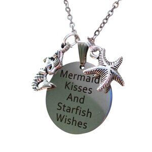 New Mermaid Kisses and Starfish Wishes Pendant Necklace on 24" Stainless Chain W